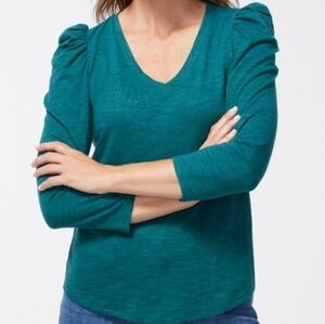 Chicos Romantic 3/4 Puff Sleeve Tee In Peacock Teal Cotton Modal Size 3 XL